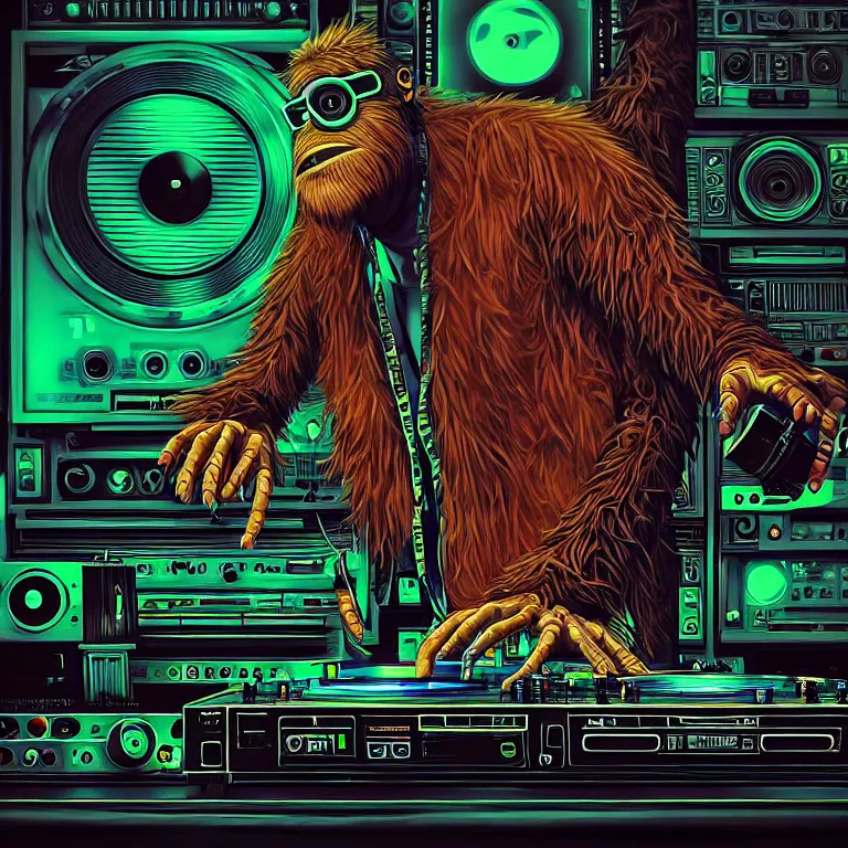 Image similar to a photograph portrait of an anthropomorphic cyberpunk bigfoot dj at the turntables spinning records, detailed render, tape deck, boombox, headphones, epic composition, cybernetics, 4 k realistic, cryengine, realistic shaded lighting, sharp focus, masterpiece, by matteo scalera, gary montalbano, peter elson in the style of the tokyo ghost comic