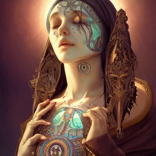 Image similar to Virgin Mary, facial tattoos, artists portrait, biomechanical, heaven, fantasy, highly detailed, digital painting, concept art, sharp focus, depth of field blur, illustration, art by artgerm and greg rutkowski and alphonse mucha