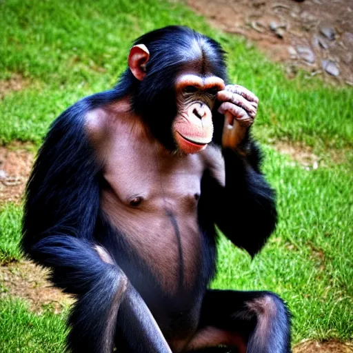 Image similar to a high detail shot of a chimp wearing a suit and smoking