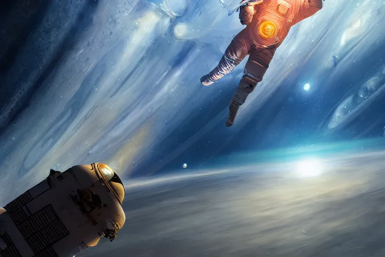 Image similar to nasa astronaut burning up while dropping through the majestic clouds of jupiter, by cedric peyravernay, highly detailed, excellent composition, cinematic concept art, dramatic lighting, trending on artstation