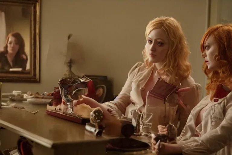 Image similar to A film still of an Olivia Taylor Dudley and Christina Hendricks, high detail