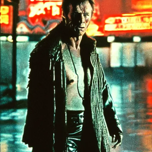 Image similar to potrait by Jimmy Nelson of clint eastwood in blade runner 1982 by Ridley Scott posing on a neon rainy vague street in headlights, movie shot, detailed, by Sergio Leone