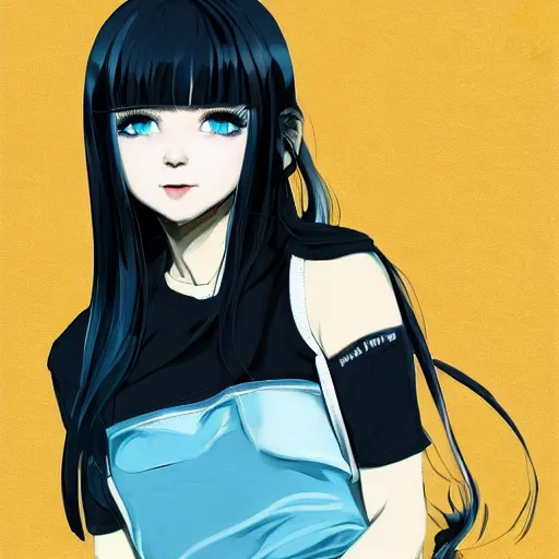 Image similar to ilya kuvshinov with long sky blue hair, gold eyes, amber eyes, boyish face, professional digital painting, wild brush strokes, concept art, award - winning photography, cinematic, black background, black shirt, crazy, yandere, wlop, color block, pop, hip, art by andy warhol, pixiv art, yoshitaka amano