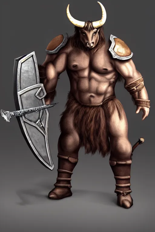 Prompt: Giant horned minotaur warrior wielding a sword and shield, leather armor, full body, muscular, dungeons and dragons, photorealistic, professional.