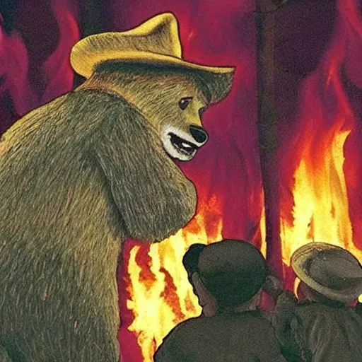 Prompt: smokey the bear watching his family being burnt alive in a forest fire