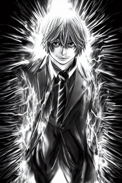 Image similar to light yagami, god of the new world, highly detailed, digital art, sharp focus, trending on art station, death note