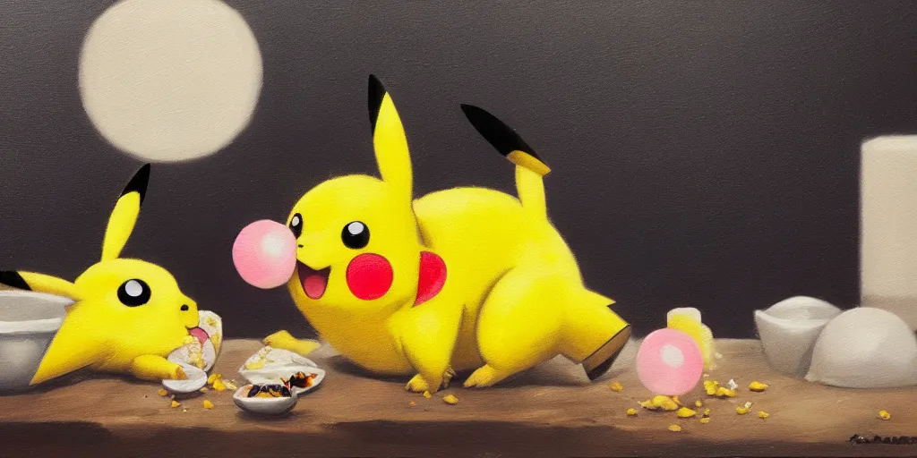 Image similar to pikachu eating onigiri, cinematic lighting, detailed oil painting, 8k