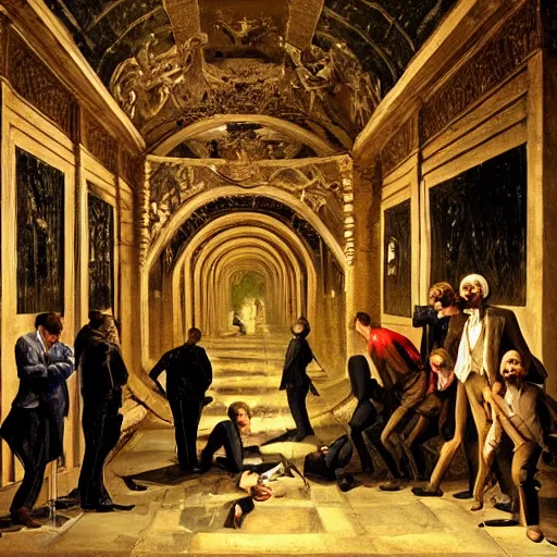 Prompt: underground tunnels inhabited by portly white men in suits and ties, computers, lights and switches, portal to another world, baroque oil painting