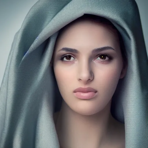 Prompt: beautiful female angel, Moroccan, asymmetrical face, ethereal volumetric light, sharp focus