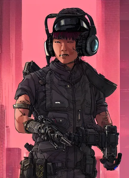 Prompt: Dangerous Mio. buff Japanese cyberpunk mercenary wearing a cyberpunk tactical headset and military vest. Attractive face. Realistic Proportions. Concept art by James Gurney and Laurie Greasley. Moody Industrial skyline. ArtstationHQ. Creative character design for cyberpunk 2077.