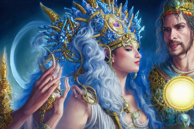 Image similar to close up moment of a divine a sun god and a moon goddess lovers magician at a wedding banquet, highly detailed, d & d, fantasy, highly detailed, digital painting, trending on artstation, concept art, sharp focus, illustration, art by artgerm and greg rutkowski and magali villeneuve