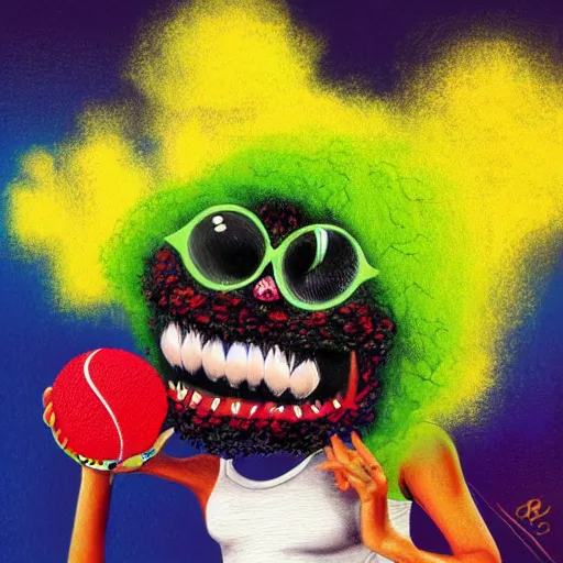 Image similar to Paris Hilton tennis ball monster ,tennis ball, digital art, smoke, fantasy,chalk, magic, trending on artstation, ultra detailed, professional illustration by Basil Gogos