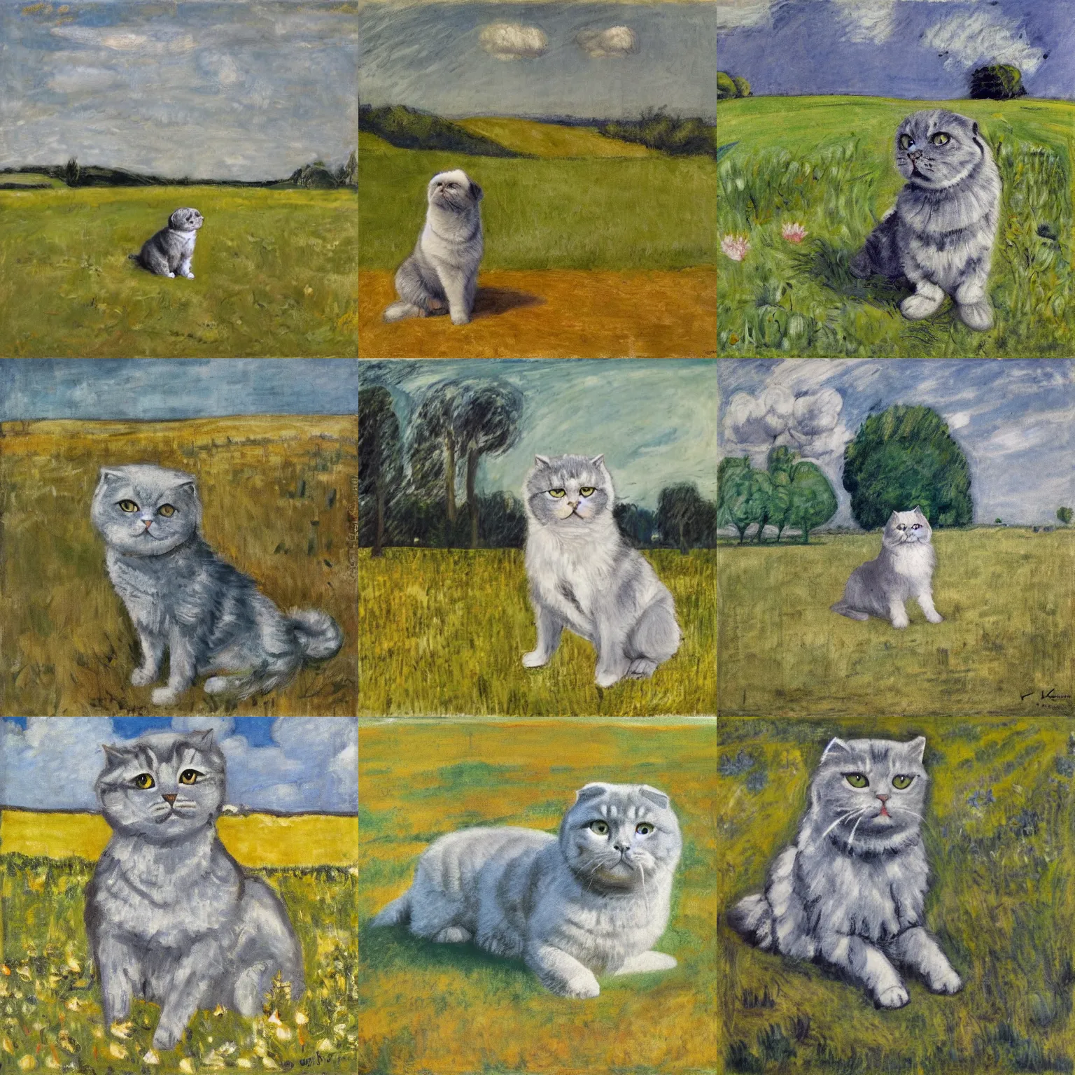 Prompt: a gray scottish fold sitting in the middle of sunny meadow, by leon kossoff