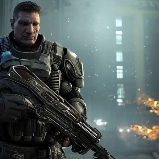 Image similar to Movie still of Donald Trump as ((the punisher)) in Gears of War, splash art, movie still, detailed face, photorealistic facial features, cinematic lighting, dramatic, octane render, long lens, shallow depth of field, bokeh, anamorphic lens flare, 8k, hyper detailed, 35mm film grain