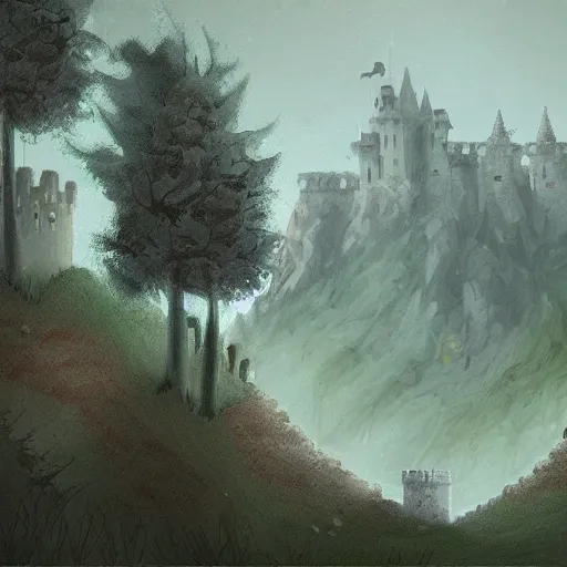 Prompt: a castle on a hill, in the middle of a forest, dusk, landscape, concept art, painting