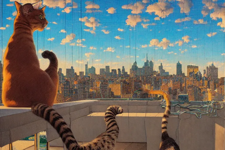 Image similar to painting of a cat, in a rooftop, watching new york, beautiful, sunset, romantic, by ludwig deutsch and maxfield parrish, patterned tilework, extremely detailed, cinematic lighting, smooth sharp focus