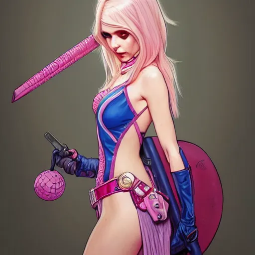 Prompt: Victoria Justice with pink and blonde hair and blue eyes as Gwenpool, western, D&D, fantasy, intricate, elegant, highly detailed, digital painting, artstation, concept art, matte, sharp focus, illustration, art by Artgerm and Greg Rutkowski and Alphonse Mucha