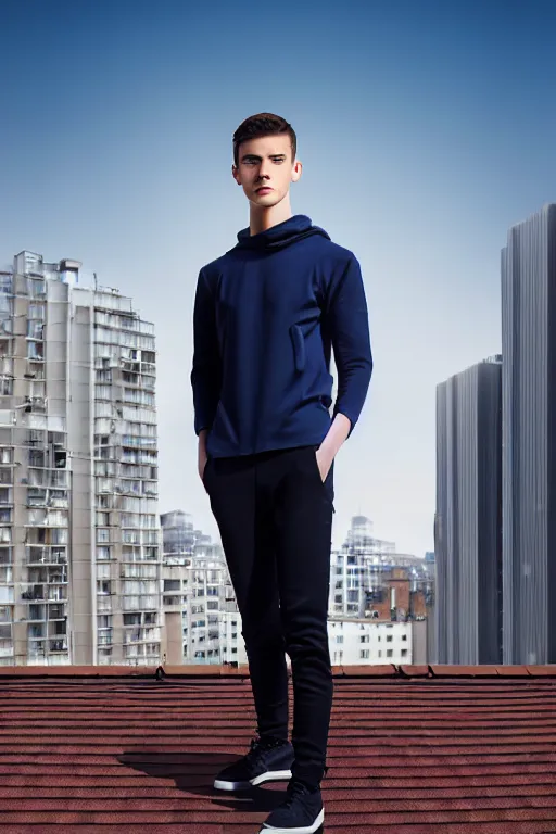 Image similar to un ultra high definition studio quality photographic art portrait of a young man standing on the rooftop of a british apartment building wearing soft padded silver pearlescent clothing. three point light. extremely detailed. golden ratio, ray tracing, volumetric light, shallow depth of field. set dressed.