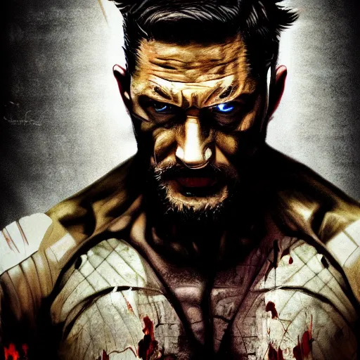 Image similar to Tom Hardy in wolverine suit Digital art 4K quality Photorealism