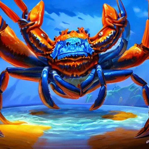 Prompt: blue giant ((crab monster)) with giant crab claws, giant crab claws fantasy digital art, magical background in the style of hearthstone artwork