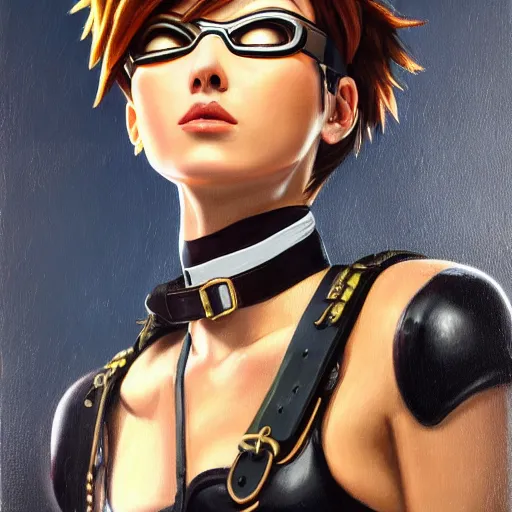 Image similar to oil painting of tracer overwatch in a field wearing very large black leather belt choker collar around neck, in style of mark arian, expressive face, very detailed face, very detailed eyes, belt around neck, full body, feminine face, tracer overwatch,