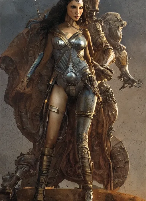 Image similar to highly detailed steampunk gal gadot standing, steel age : leonardo da vinci, greg rutkowski, magali villeneuve