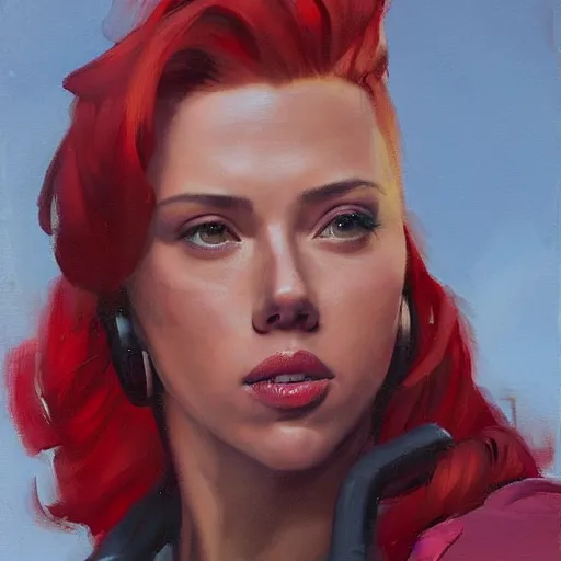 Prompt: greg manchess portrait of scarlett johansson as thick muscular weightlifter zarya from overwatch with ponytail and red hair, medium shot, asymmetrical, profile picture, organic painting, sunny day, matte painting, bold shapes, hard edges, street art, trending on artstation, by huang guangjian and gil elvgren and sachin teng