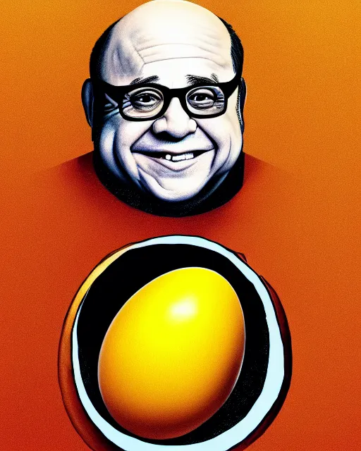 Image similar to painting portrait of danny devito as an egg, cartoon, warm lighting, danny devito has an egg body, movie poster, illustration by bartek fedyczak, erak note, tooth wu, neil richards, kan liu, siwoo kim, jisu choe, trending on art station