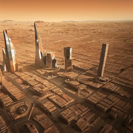 Prompt: Award winning photo of a city on mars detailed futuristic buildings, cars and structures vivid