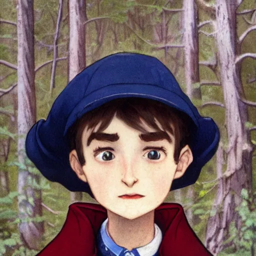 Image similar to super close up portrait of wirt from over the garden wall. a 1 6 years old gloomy awkward boy with big brown eyes and shaggy brown hair wearing a red dunce hat and a blue navy cape, standing in the forest, norman rockwell, bouguereau