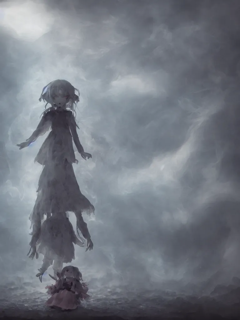 Image similar to cute fumo plush of a cursed frail witch girl held in the arms of a ghost, melting volumetric smoke and fog, environment map pbr reflective stormy water, goth, vignette, vray
