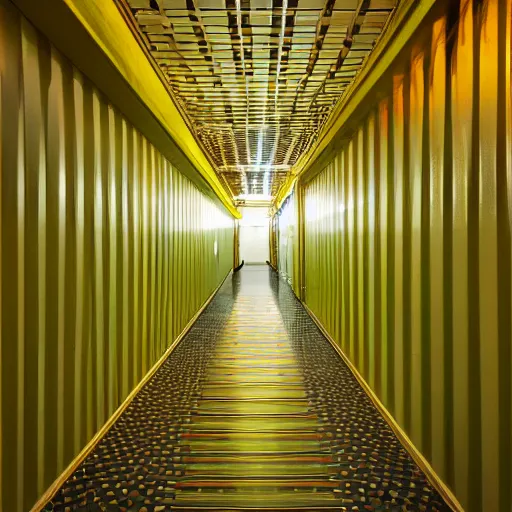 Image similar to noisy color photograph of a retrofuturist liminal space, twisting hallways, minimalist, cinematic, soft vintage glow