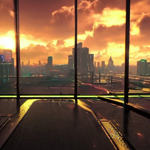 Image similar to « glowing neon lights, sunrise, cyberpunk, alita battle angel, blade runner, rainy, cold, clouds, far view, photorealistic, unreal engine 5, sharp focus »