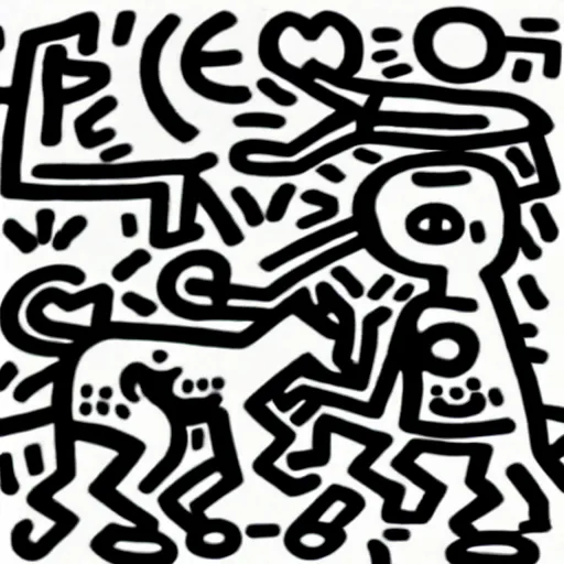 Prompt: a white dog and a black cat by keith haring