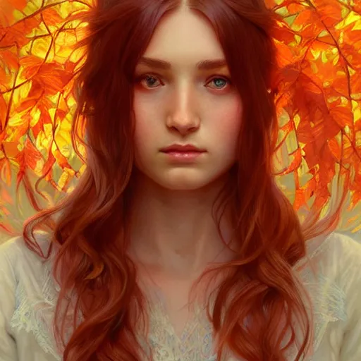 Image similar to girl with super long hair, hair becoming autumn red leaves, intricate, highly detailed face!!, digital painting, artstation, concept art, smooth, sharp focus, illustration, unreal engine 5, 8 k, art by artgerm and greg rutkowski and alphonse mucha