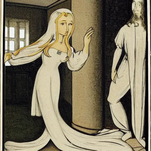 Image similar to a human figure is standing in the center of a room. the figure is wearing a white dress and has long, flowing hair.