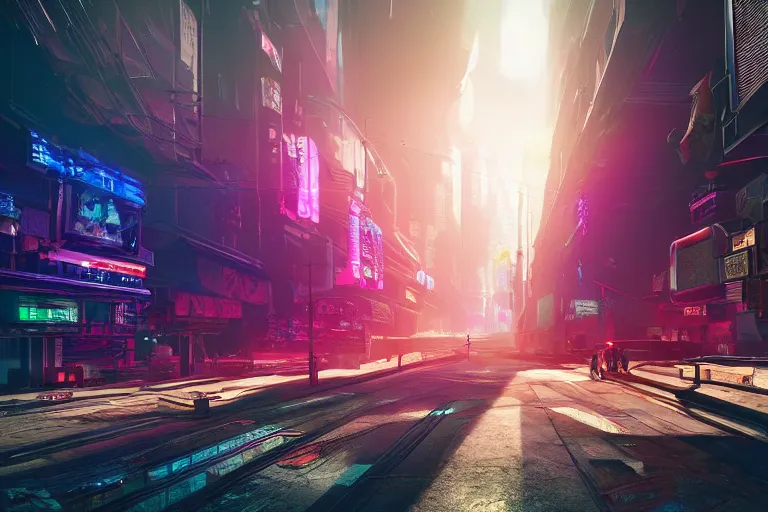 Image similar to wide-angle high-res rendering of the inside of cyberpunk street with large screens in 2077, intricate, elegant, sunrays, trending on Artstation, stunning volumetric lighting, Unreal Engine, 8K