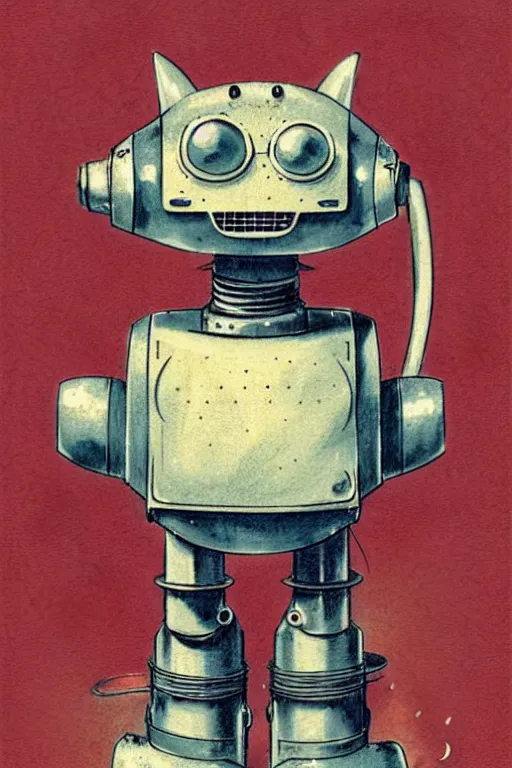 Prompt: 1 9 5 0 s retro robot cat, muted colors. by jean - baptiste monge