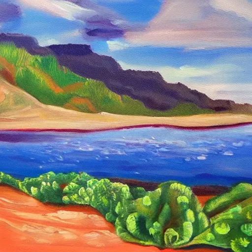 Prompt: rough acrylic painting of a lush natural scene on an alien planet by caroline degroiselle. beautiful landscape. weird vegetation. cliffs and water.