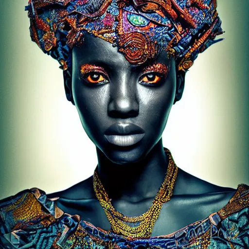 Image similar to professional photograph portrait of African Elvin princess, fantasy surrealism, intricate complexity, manga styling, intricate complexity, subsurface scatter, drum scanner, 8k render