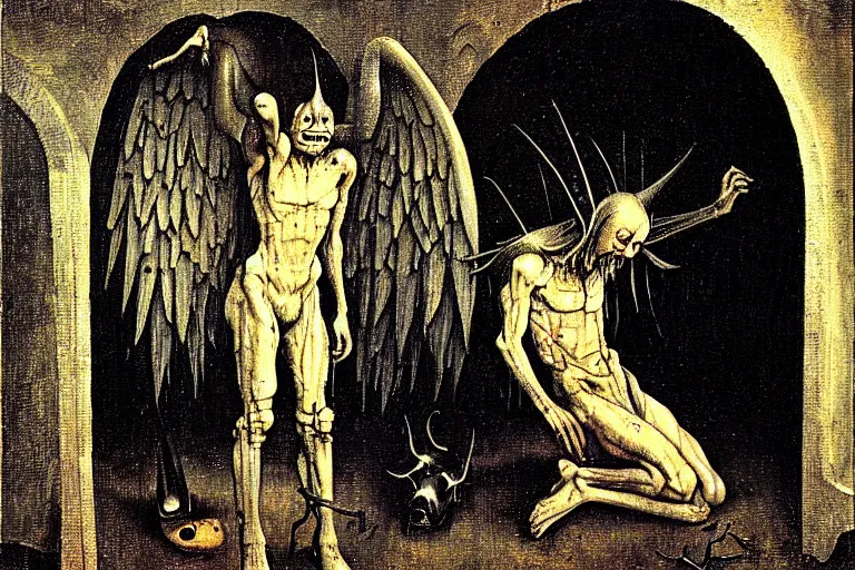 Image similar to fallen angel begs to enter the gates of hell by les edwards and hieronymus bosch