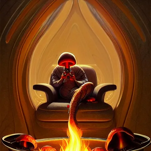 Prompt: mushroom alien sitting in a recliner by the fire smoking a pipe and wearing a soft robe and slippers, symmetrical, elegant intricate digital painting, trending on artstation, by artgerm and greg rutkowski and alphonse mucha