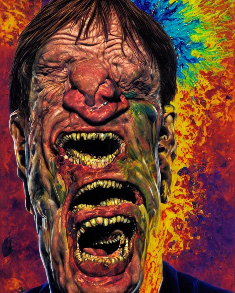 Prompt: hyper realistic painting, head of mark e smith from the fall laughing maniacally, outer glow, by simon bisley, lisa frank, chuck close and richard corben, very intense, depth of field, depth perception, hyperdetailed, rich deep vivid colours, sharp focus, directional lighting