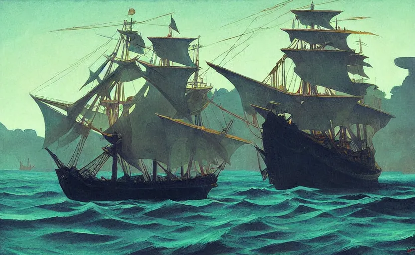 Prompt: Old Pirate ship fighting on ocaen, very coherent, painted by Edward Hopper, Wayne Barlowe, painted by James Gilleard, airbrush, art by JamesJean