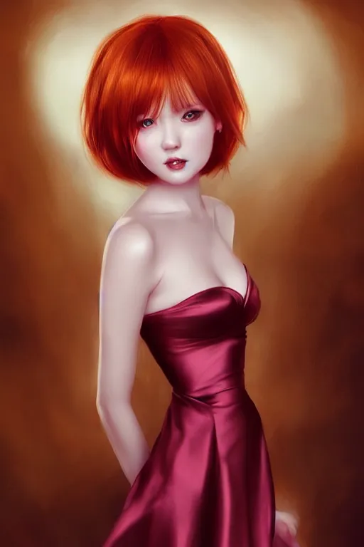 Prompt: Beautiful ginger portrait, satin dress by Artgerm and WLOP, Pixiv