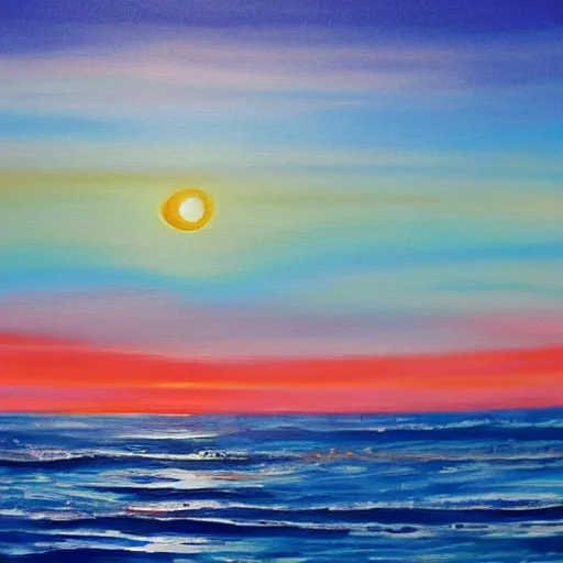 Prompt: sea, wavy, sun at dawn reflecting on the sea cloudy acryl painting 4 k