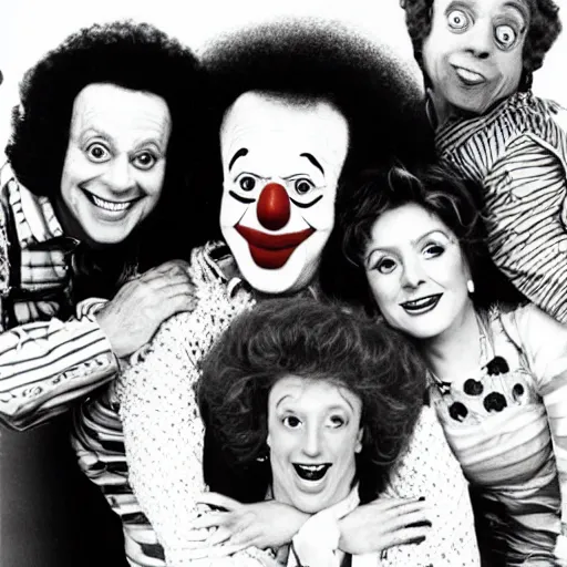 Image similar to vintage 1 9 8 0's sitcom publicity photo, a happy photogenic family and richard simmons as a clown inside a 1 9 8 0's sitcom living room, correct faces, symmetrical faces