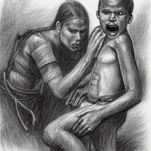 Prompt: mummy touches head of warrior, in jungle, pencil drawing