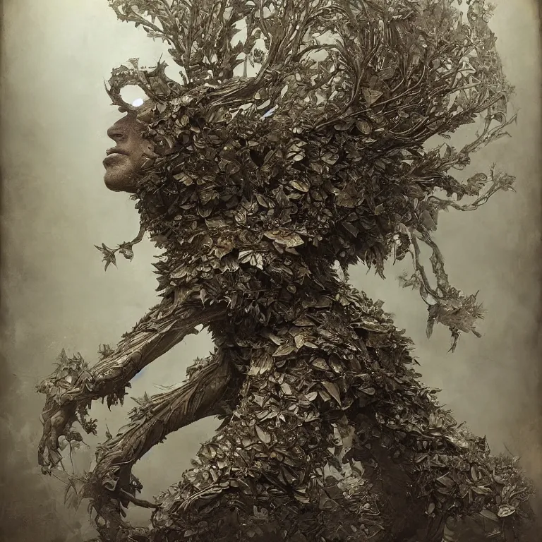 Image similar to powdery blurry old tintype portrait of realistic armoured tree made of leaves, dramatic light, dystopian environment, intricate, elegant, highly detailed, centered headdress, artstation, sharp focus, artgerm, tomasz alen kopera, peter mohrbacher, donato giancola, joseph christian leyendecker, wlop, boris vallejo, frank frazetta