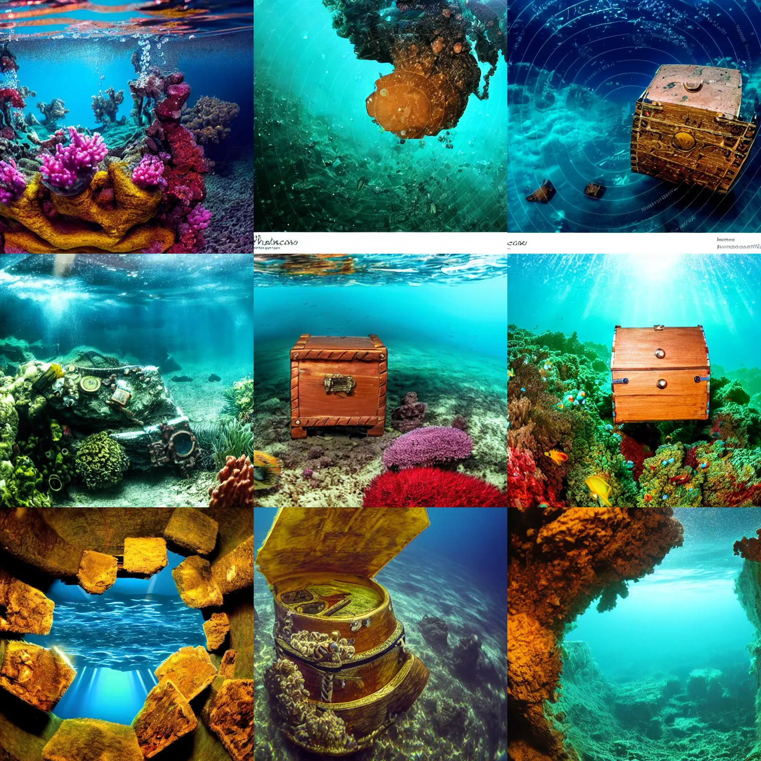 Prompt: amazing high quality image depicted treasure chest deep under water in an atlantic ocean, 8 mm, great composition, rich environment, spirited water plants